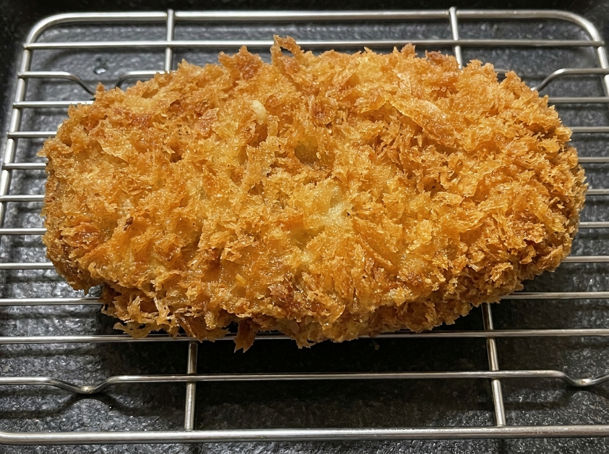 Una cotoletta di maiale fritta e dorata che riposa su una griglia in acciaio inossidabile.