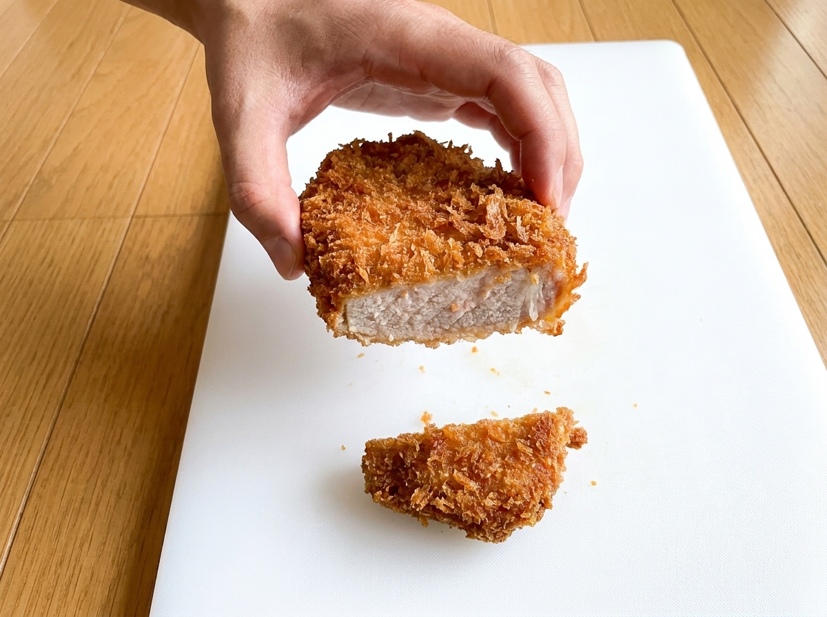 Una persona che tiene in mano una cotoletta fritta parzialmente tagliata, mostrando un interno succoso e leggermente rosato.
