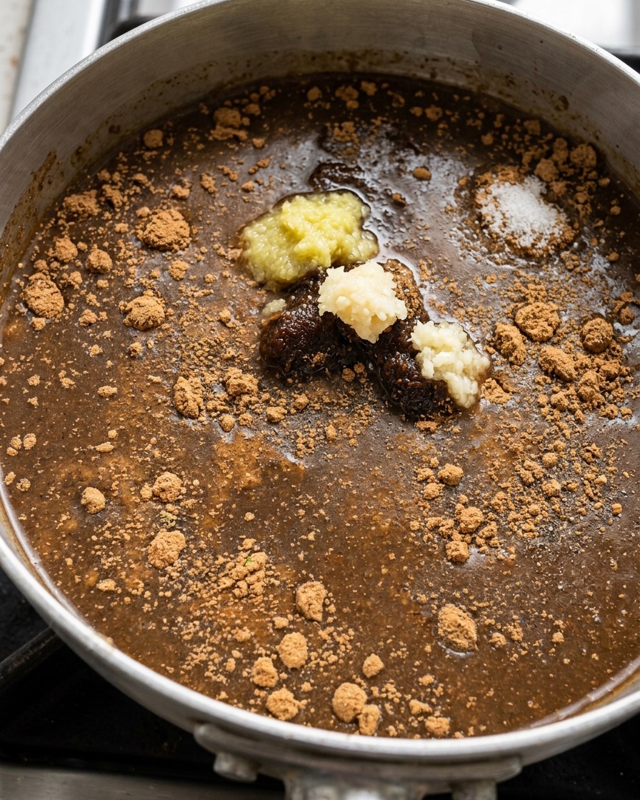 Un pentolino con gli ingredienti della salsa, tra cui pasta di miso, aglio tritato, zenzero e condimenti in polvere, pronti per essere cotti.
