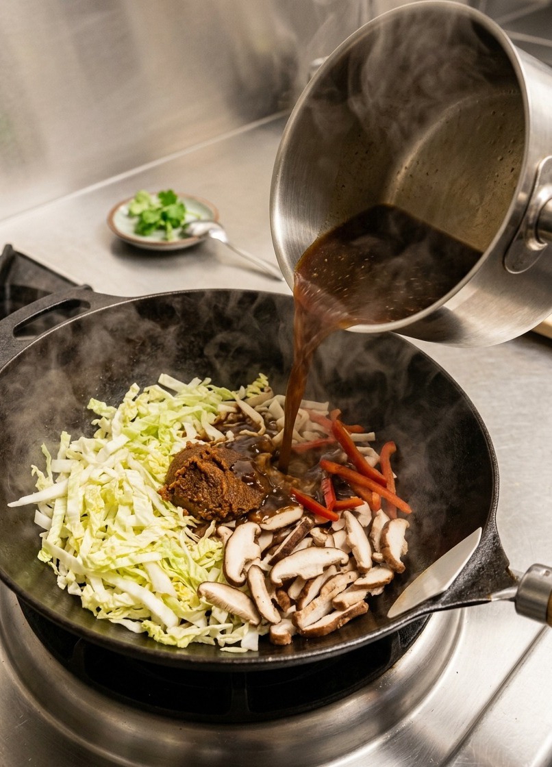 La densa salsa al miso versata da un pentolino su una piastra rovente che contiene la cotoletta di maiale e le verdure.