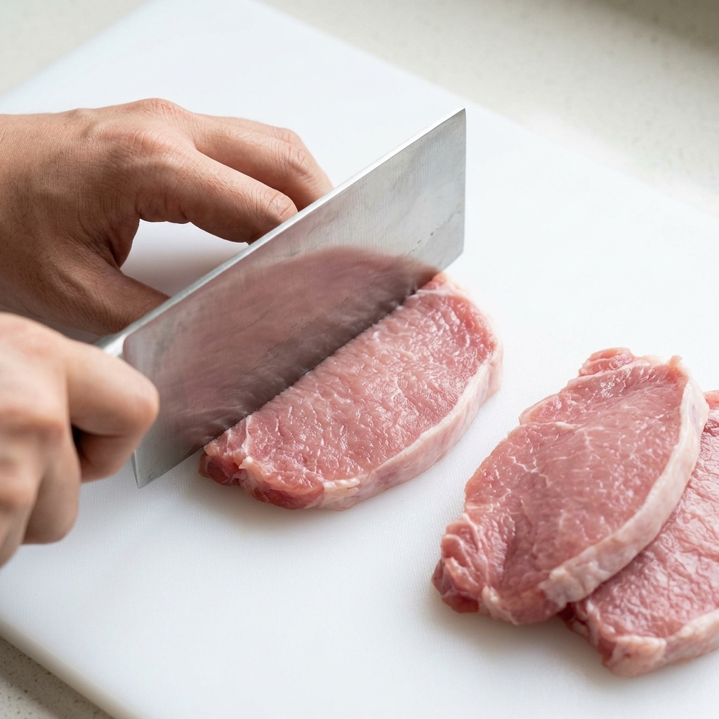 Una fetta di maiale battuta delicatamente con il dorso di un coltello pesante.