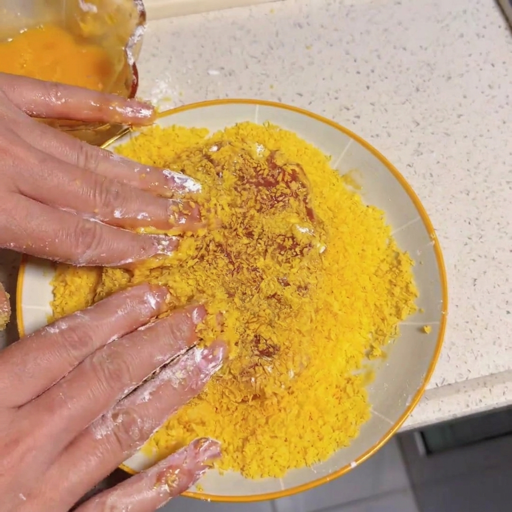 Mani che premono la carne nel pangrattato giallo per una copertura uniforme.