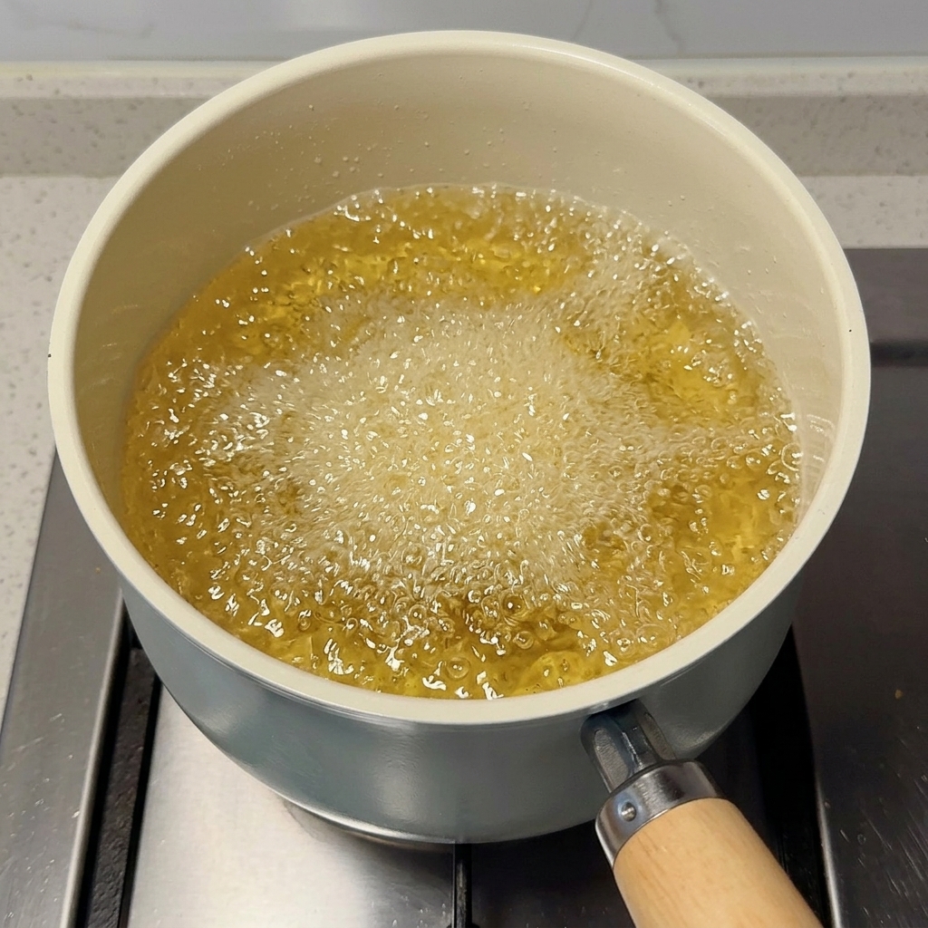 Una cotoletta che frigge in olio bollente in un tegame.