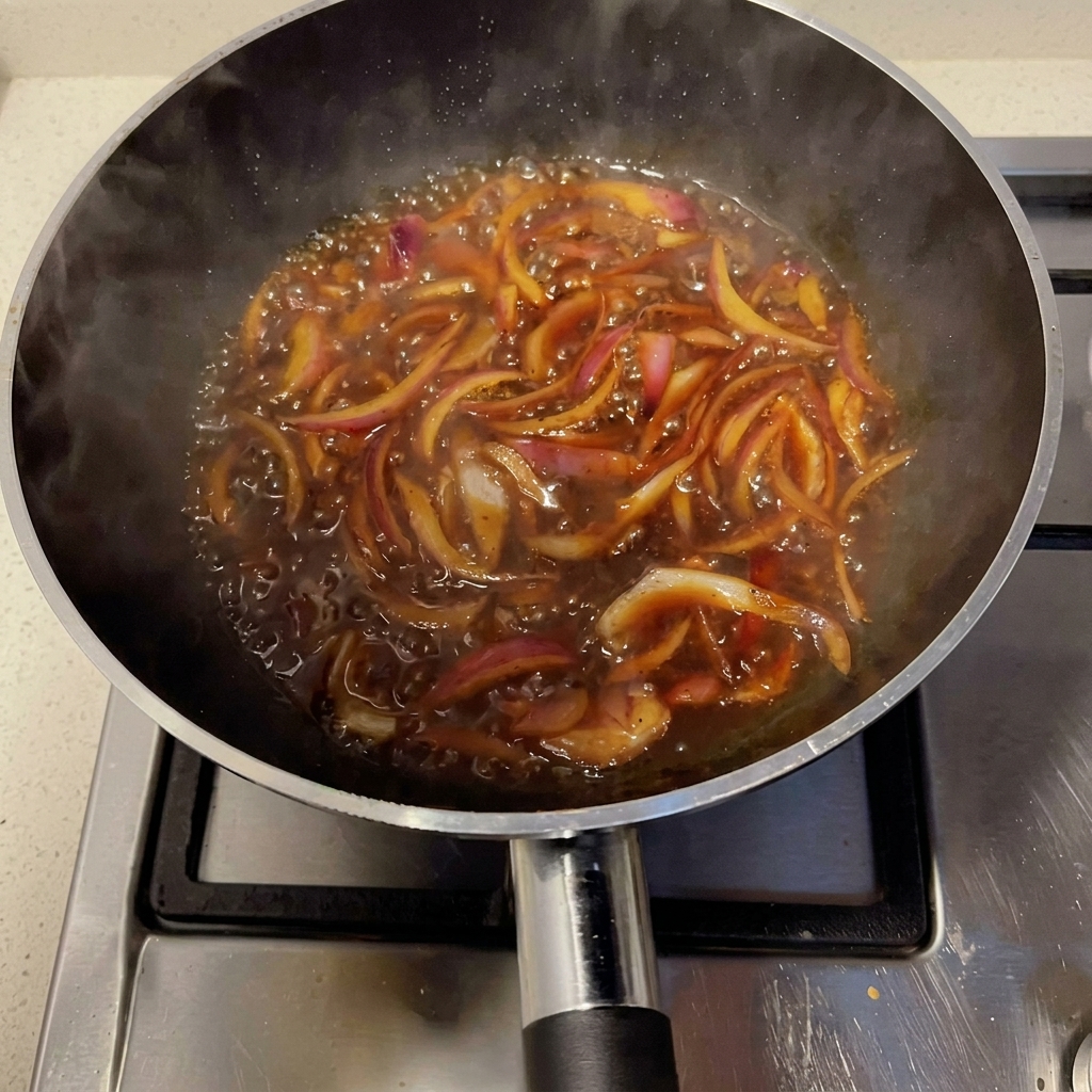 Cipolle in padella unite alla salsa scura al pepe nero.