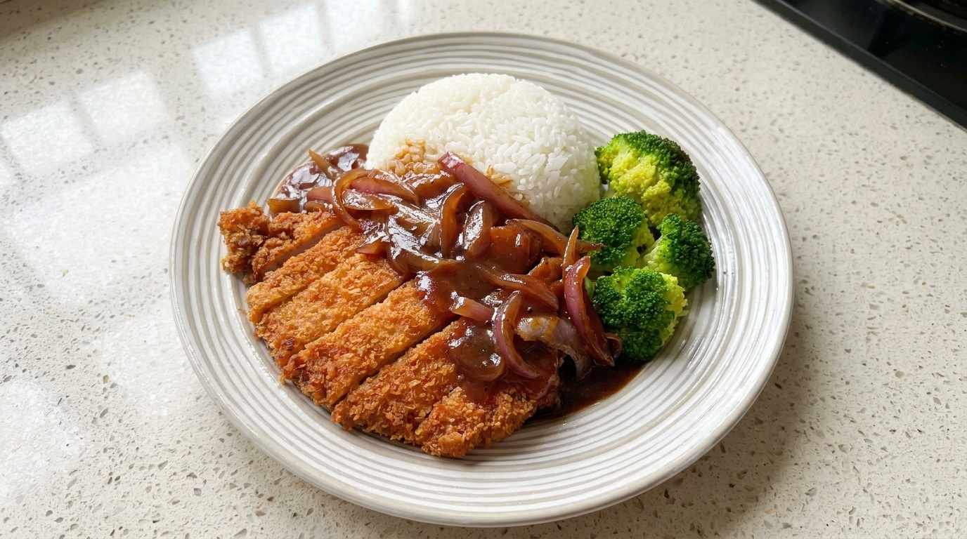 Cotoletta di maiale impanata croccante servita con riso, broccoli freschi e una saporita salsa al pepe nero e cipolle.