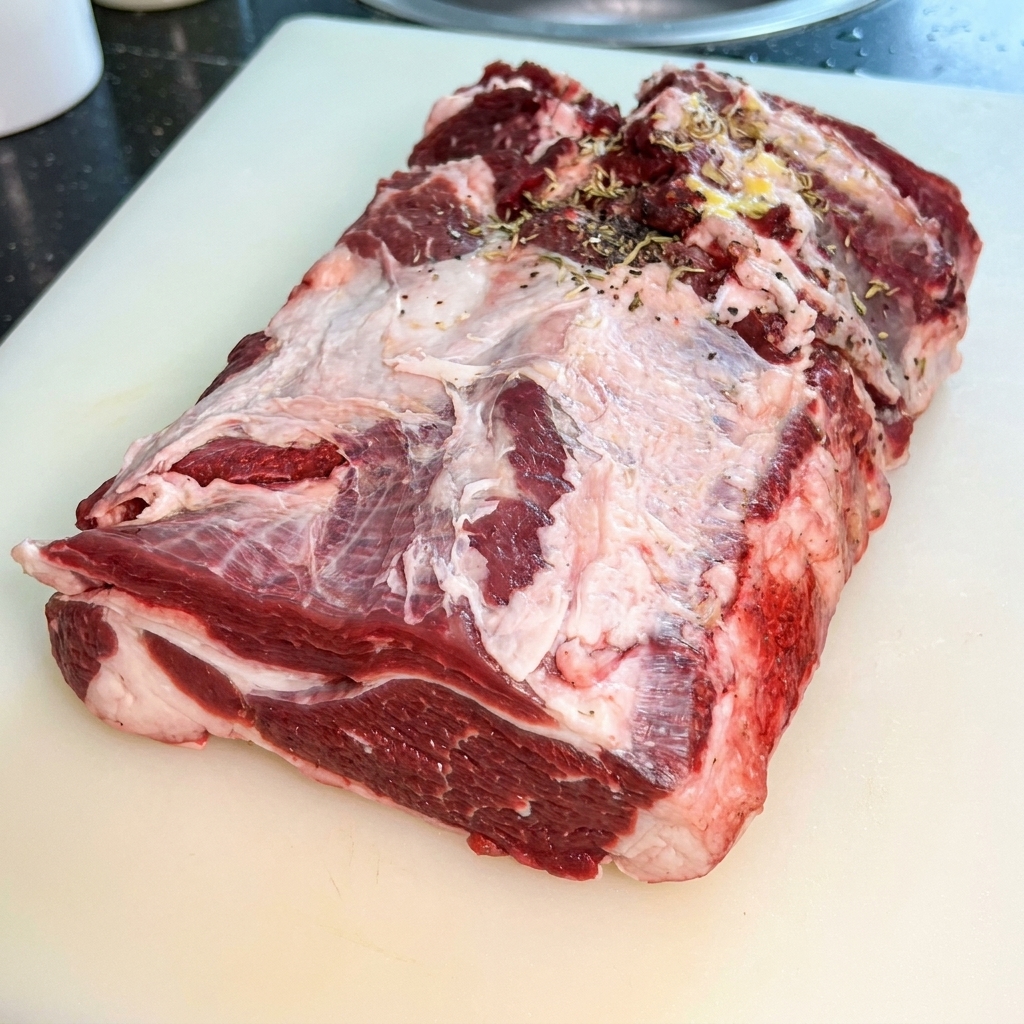 Grandi fette di manzo crudo su un tagliere, ricoperte da varie spezie secche e un filo di salsa dostriche scura.