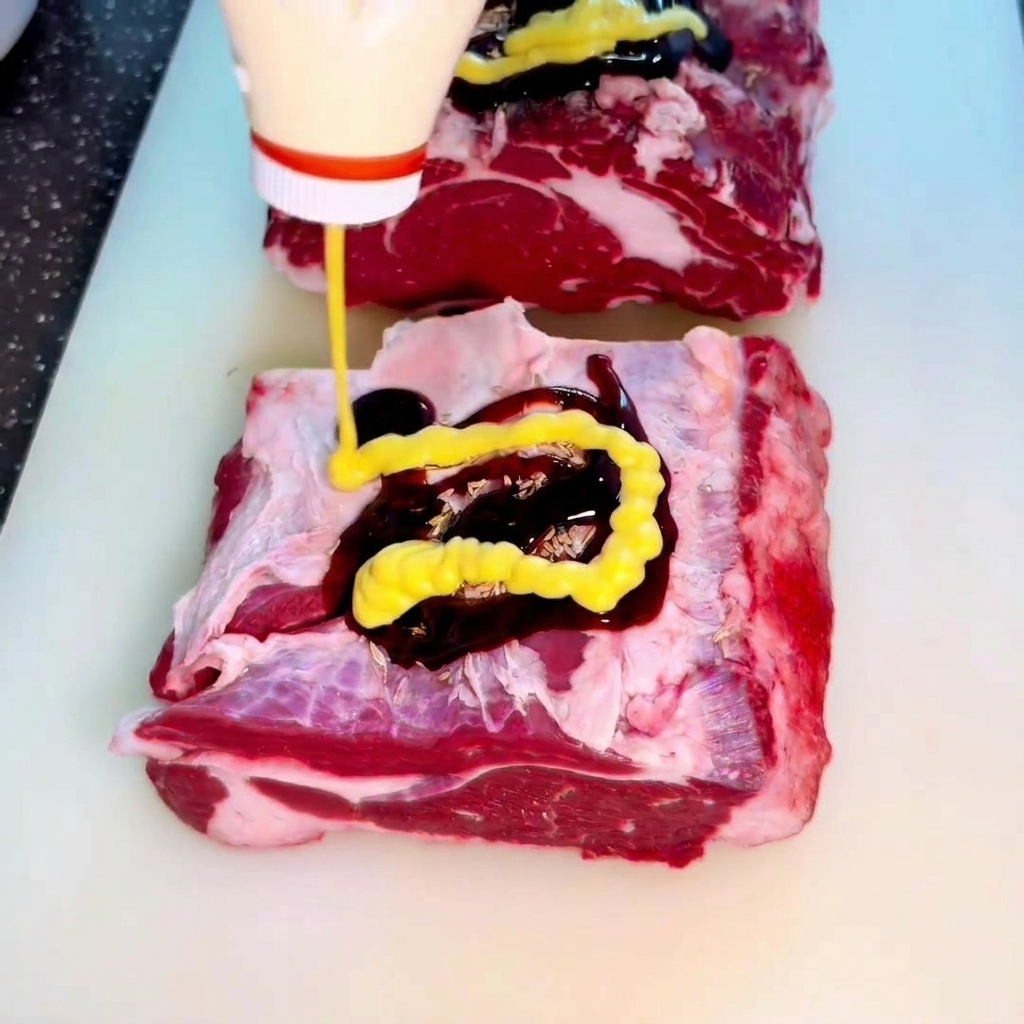 Una bottiglia gialla che versa salsa senape e miele a zig-zag sopra la carne di manzo cruda già condita.