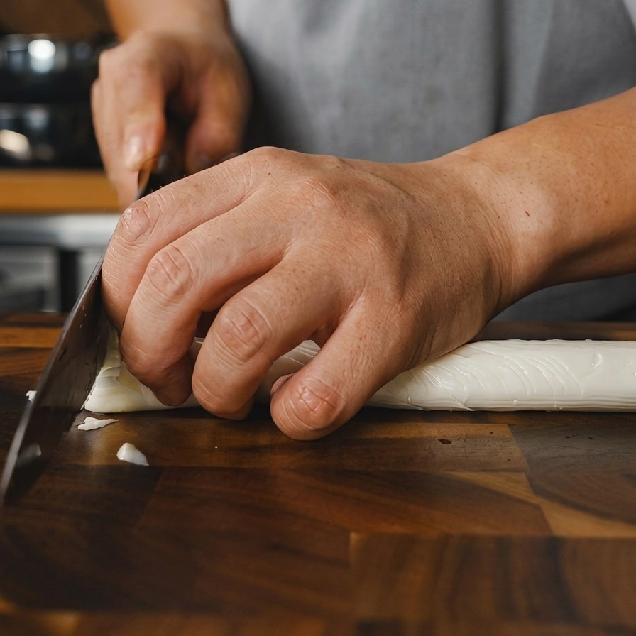Mani che usano un coltello da chef per tritare finemente lunghe verdure bianche su un tagliere di legno.