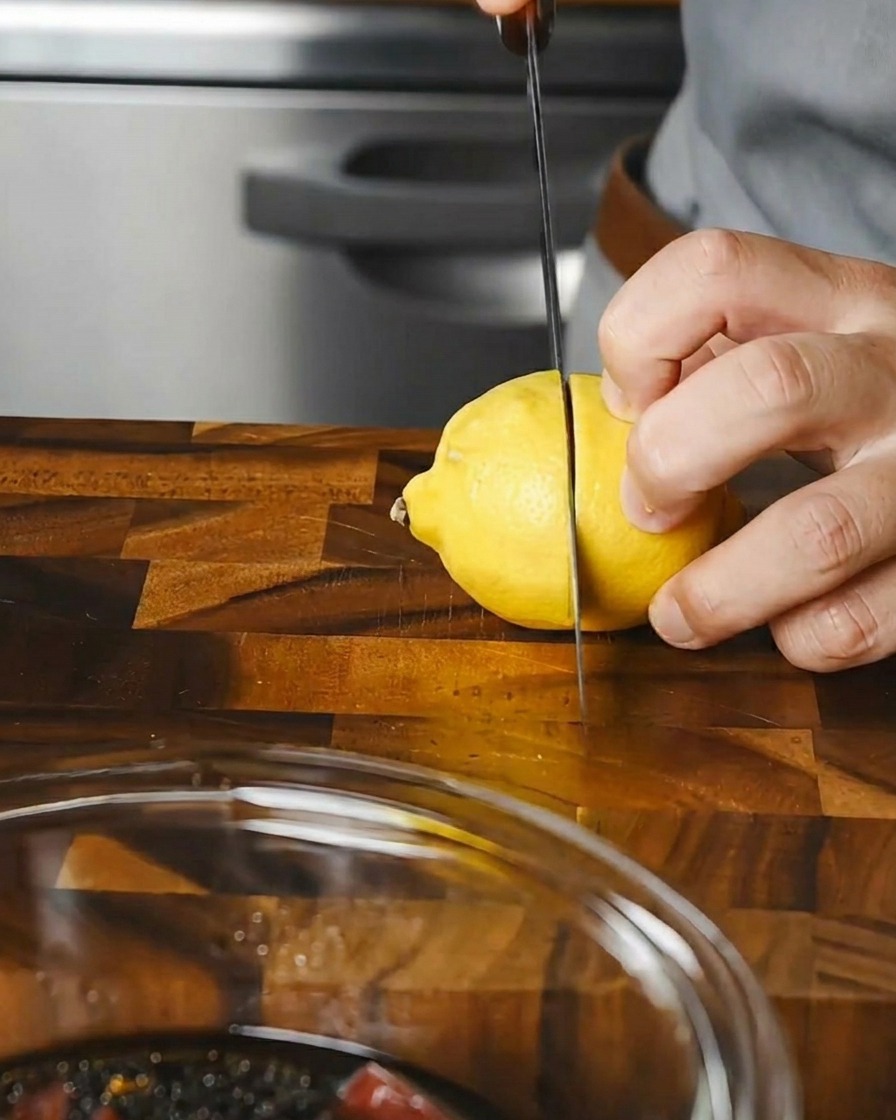 Un limone tagliato a metà spremuto a mano su una ciotola di tonno affettato e marinato.