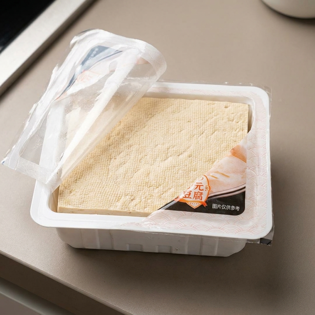 Un panetto di tofu tagliato a cubetti su un tagliere.