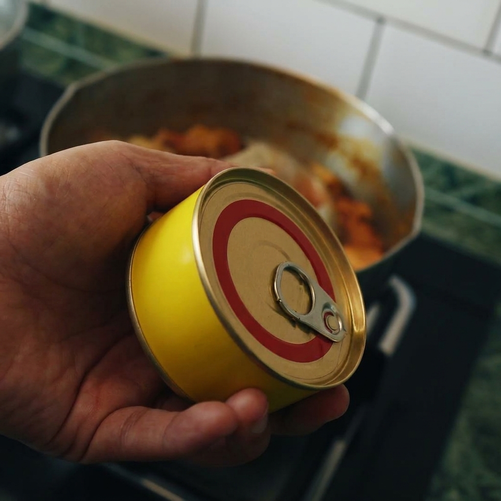 Tonno aggiunto da una lattina in una pentola ribollente di curry e cavolo tritato.
