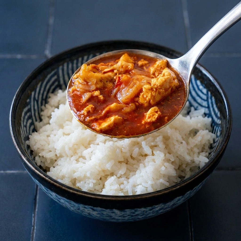Un mestolo che versa la ricca miscela di curry e tonno sopra una ciotola di riso bianco fumante.