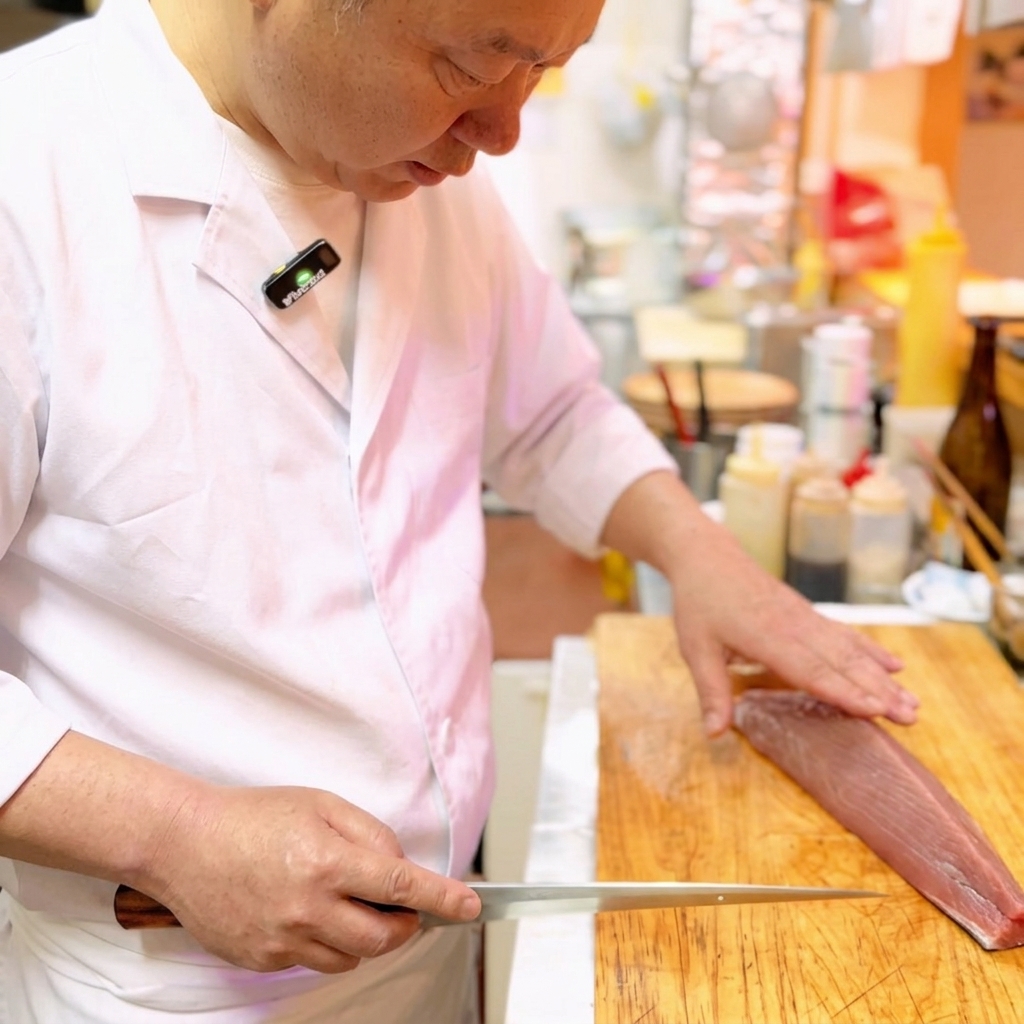 Primo piano di un coltello da sushi affilato che taglia un blocco fresco di tonno rosso scuro su un tagliere di legno.