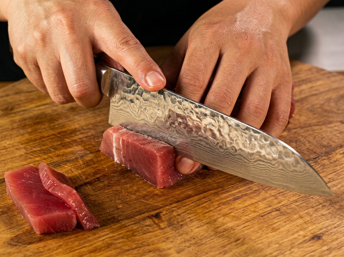 Fette spesse di tonno crudo tagliate con un coltello affilato su un tagliere di legno.