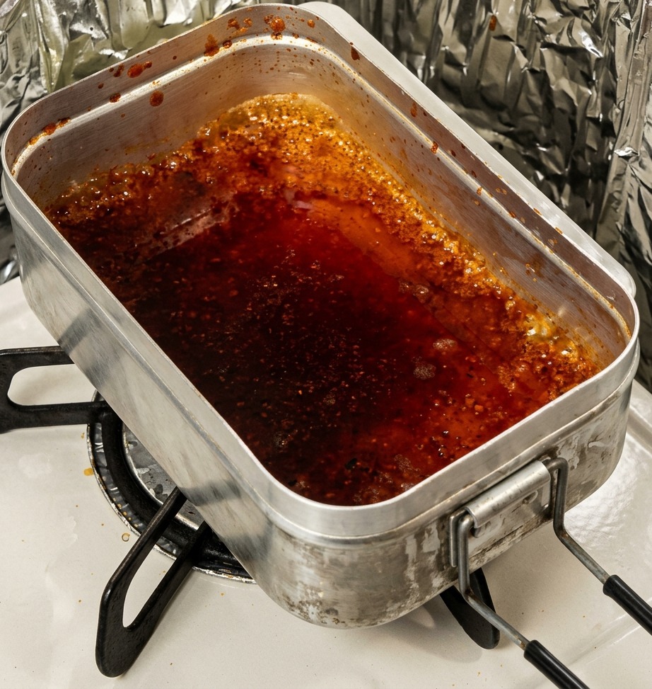 Una marinatura scura e aromatica che bolle in un vassoio su fiamma.