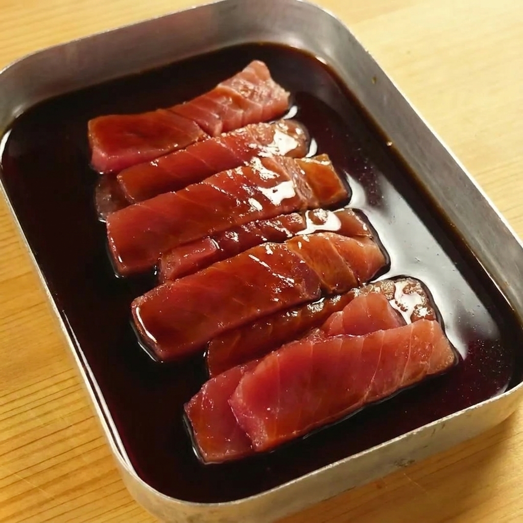 Marinatura scura versata sulle fette di tonno crudo nel vassoio.