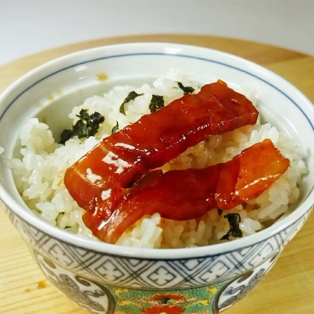 Fette di tonno marinato disposte su un letto di riso bianco con alga nori.
