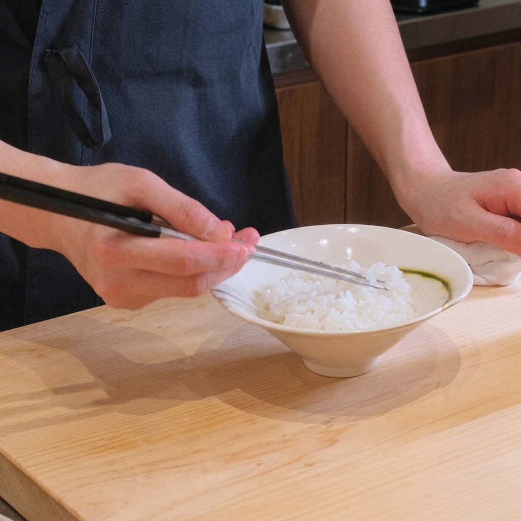 Mani che usano le bacchette per stendere e appiattire delicatamente il riso bianco al vapore in una ciotola di ceramica bianca.