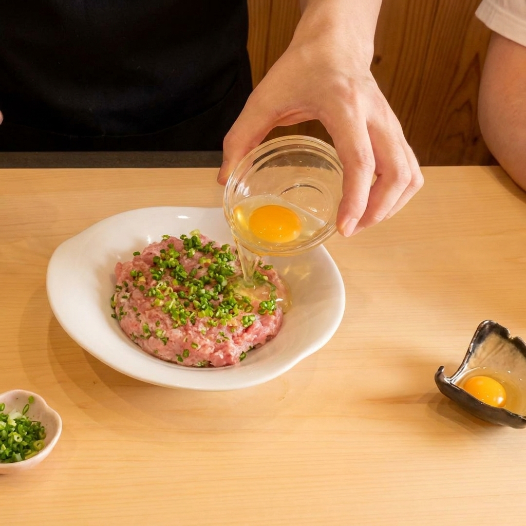 Un tuorlo duovo crudo versato con cura da una ciotolina di vetro al centro di una ciotola di riso condita con tonno tritato e cipollotto.