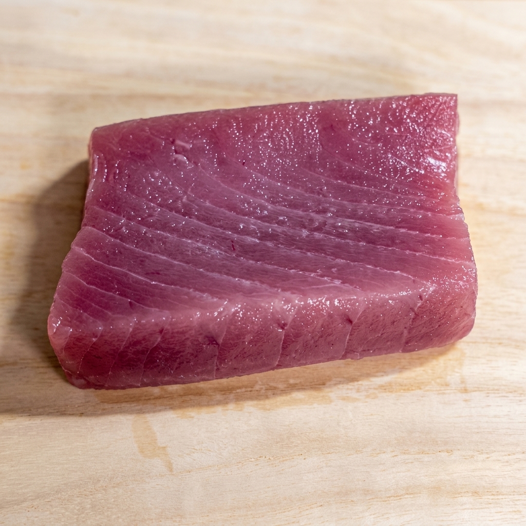Un filetto di tonno crudo di alta qualità tagliato a piccoli cubetti grandi quanto un boccone.