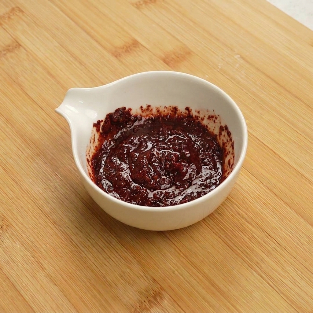 Una salsa ricca e rosso scuro in una ciotola bianca, mescolata con una piccola spatola gialla.