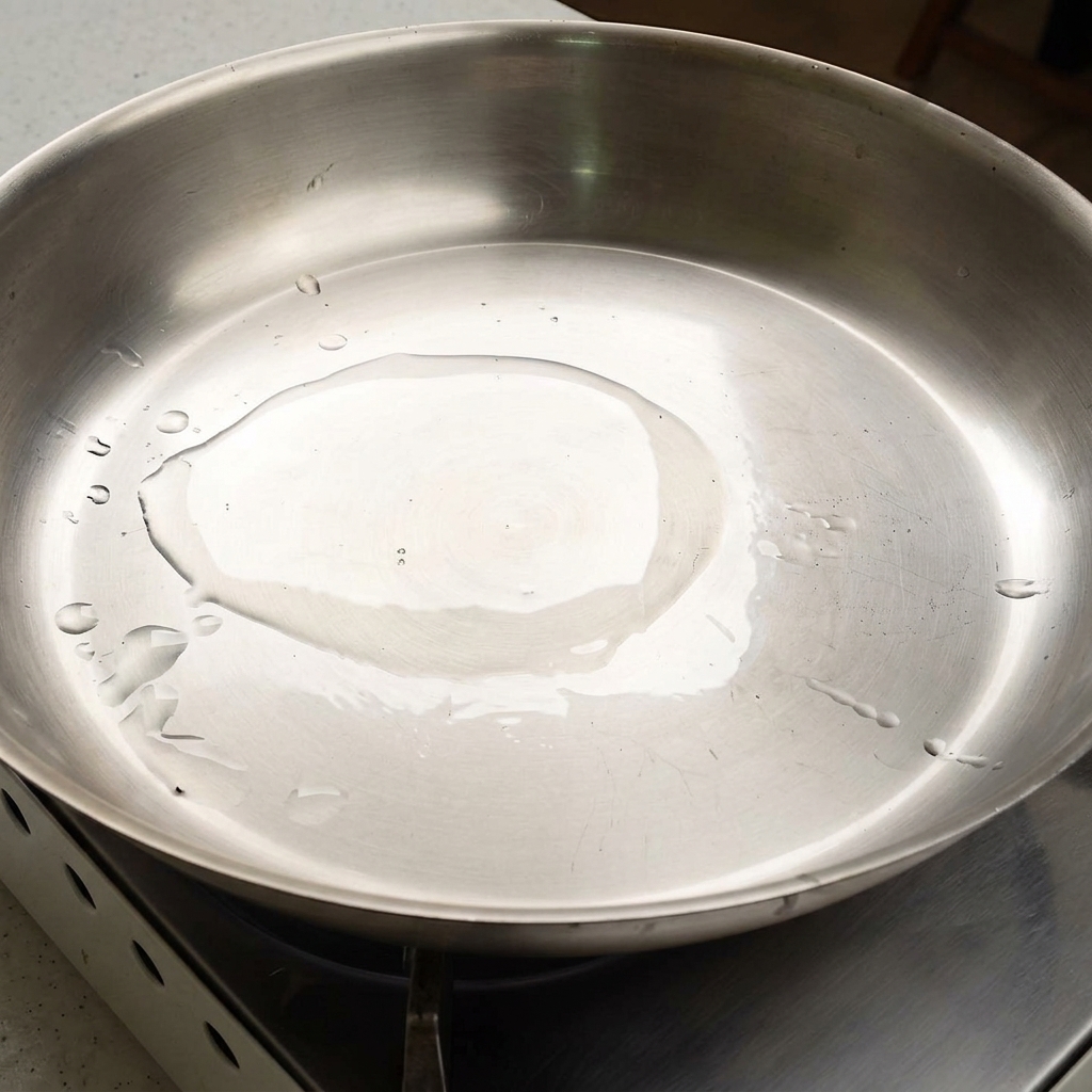 Un sottile strato di olio che brilla in una padella in acciaio inox riscaldata.