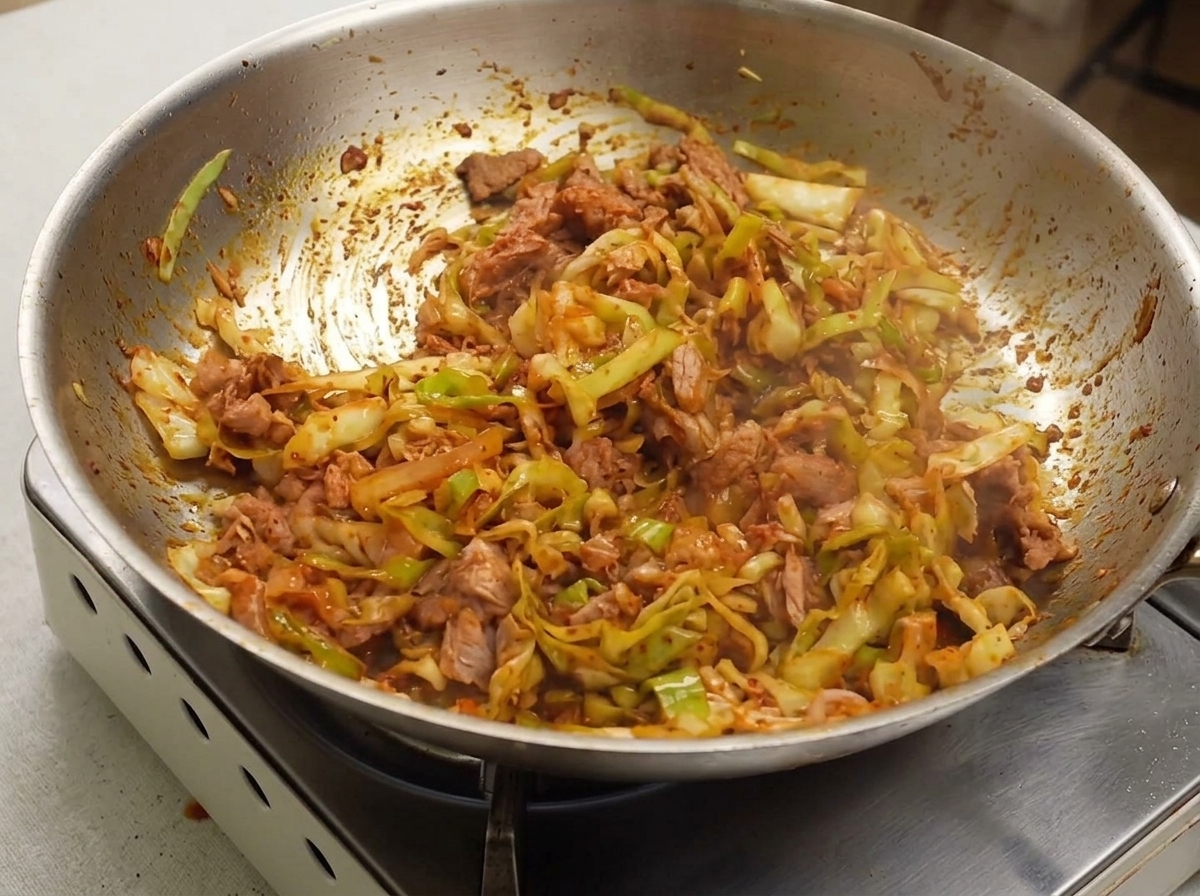 Uno stir-fry rosso vibrante di cavolo, tonno e cipollotti mescolati in padella.