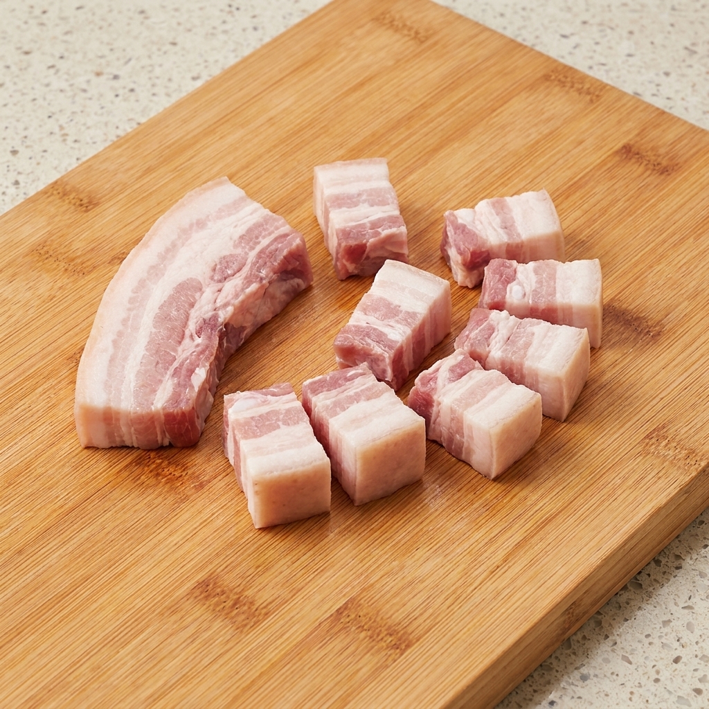 Pancia di maiale sbollentata e tagliata a cubetti uniformi su un tagliere di legno.