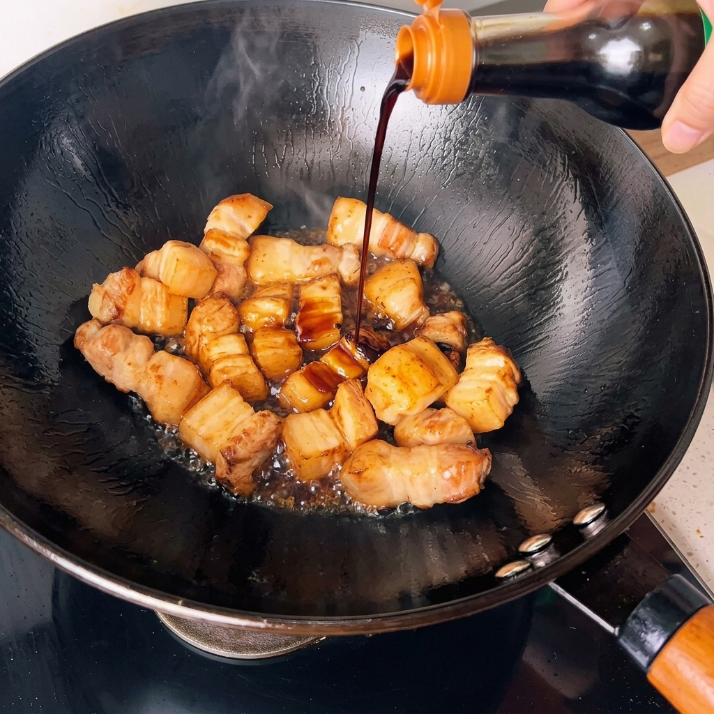 Salsa di soia scura versata da una bottiglia sui cubetti di maiale dorati in un wok.