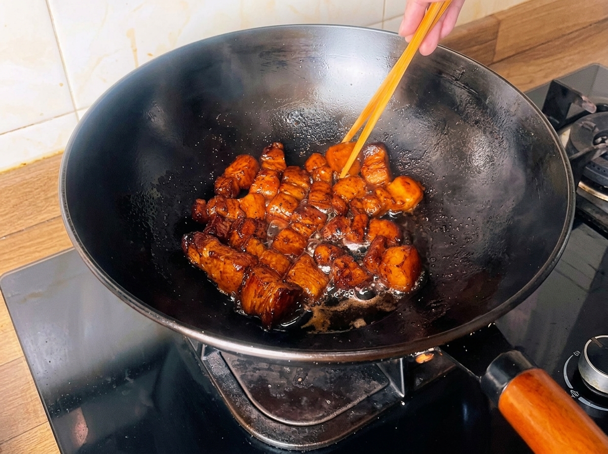 Cubetti di maiale dorati che sobbollono in un wok con una salsa scura addensata di soia e tè, mescolati con le bacchette.