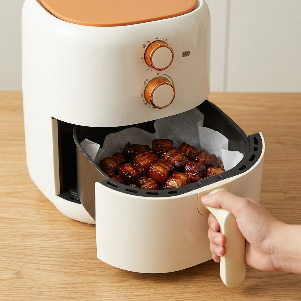 Una mano che chiude il cestello di una friggitrice ad aria bianca, contenente cubetti di maiale brasato scuro su carta da forno.