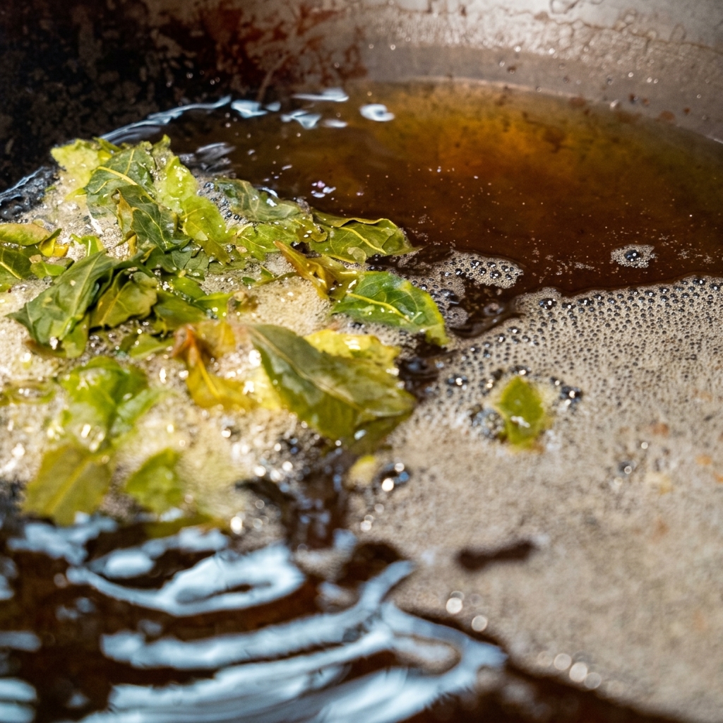 Foglie di tè verde che friggono in un wok pieno di olio bollente.