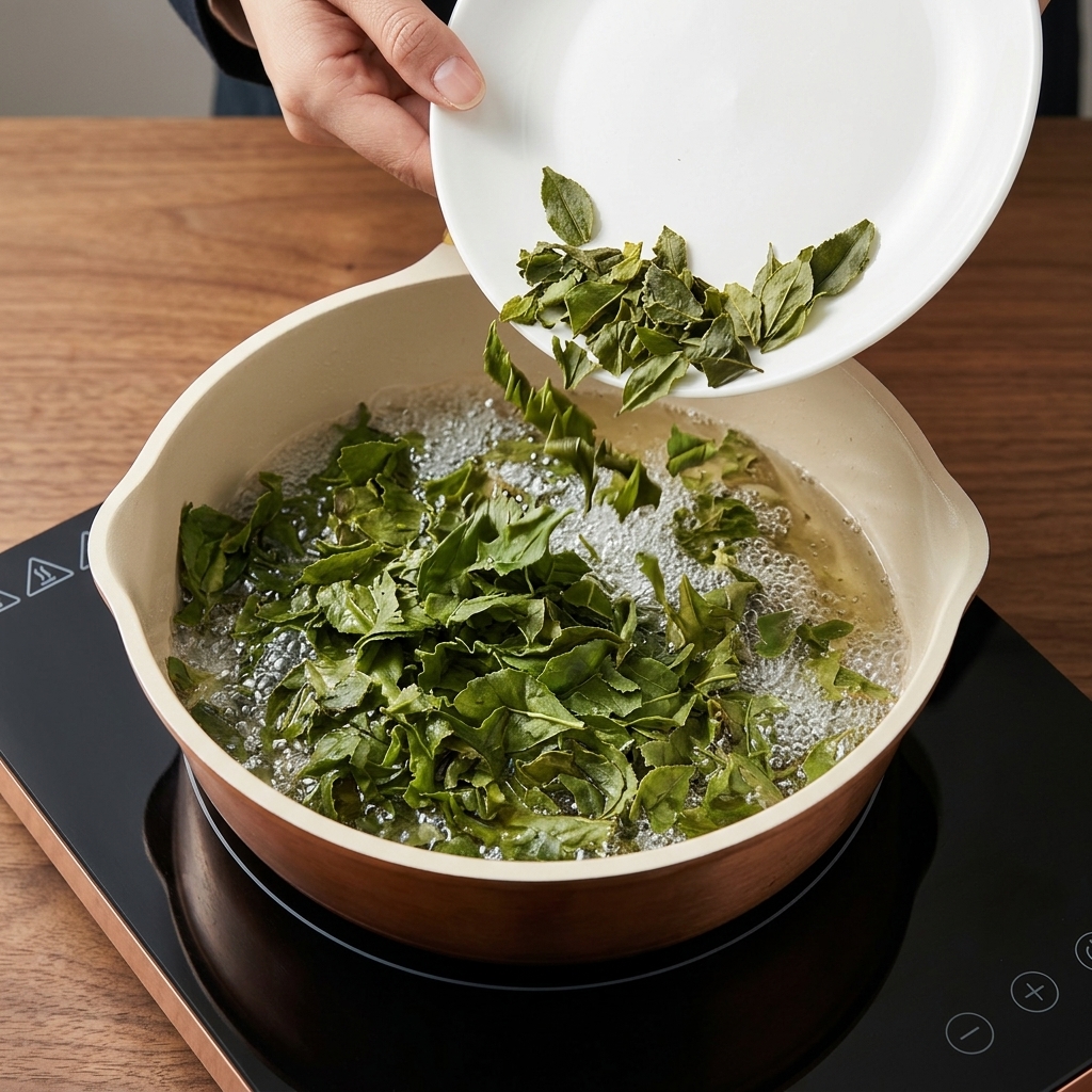Aggiungere le foglie di tè ammorbidite da un piatto bianco in una padella di olio bollente e scoppiettante.