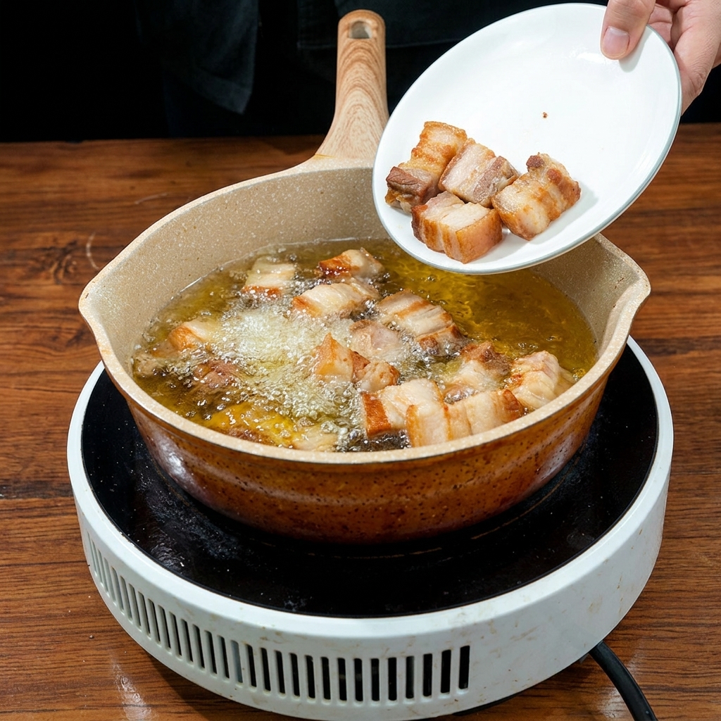 Mano che versa i cubetti di pancia di maiale sbollentati da un piatto bianco in una padella con olio da cucina caldo.
