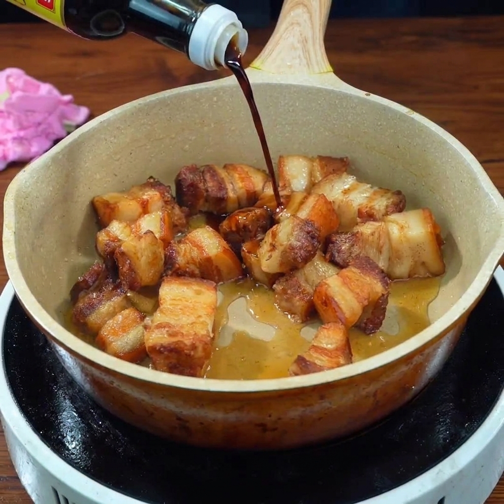 Versare salsa di soia scura da una bottiglia in una padella con cubetti di pancia di maiale fritti dorati.