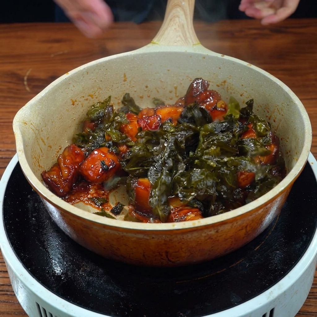 Un primo piano di cubetti di pancia di maiale in una padella che vengono ricoperti con una salsa densa e lucida, mescolati con foglie di tè fritte scure.