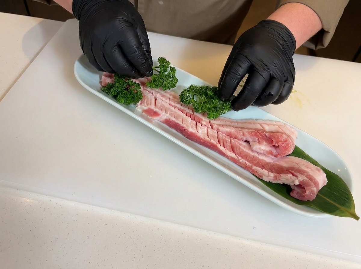 Mani con guanti neri posizionano ciuffi di prezzemolo fresco sulla pancetta.