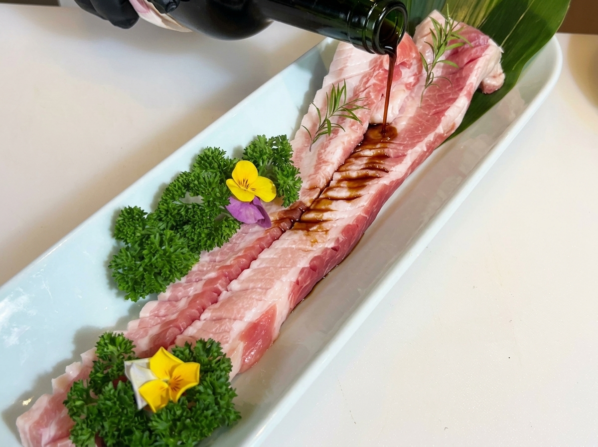 Vino rosso versato da una bottiglia scura sulla pancetta guarnita nel vassoio.