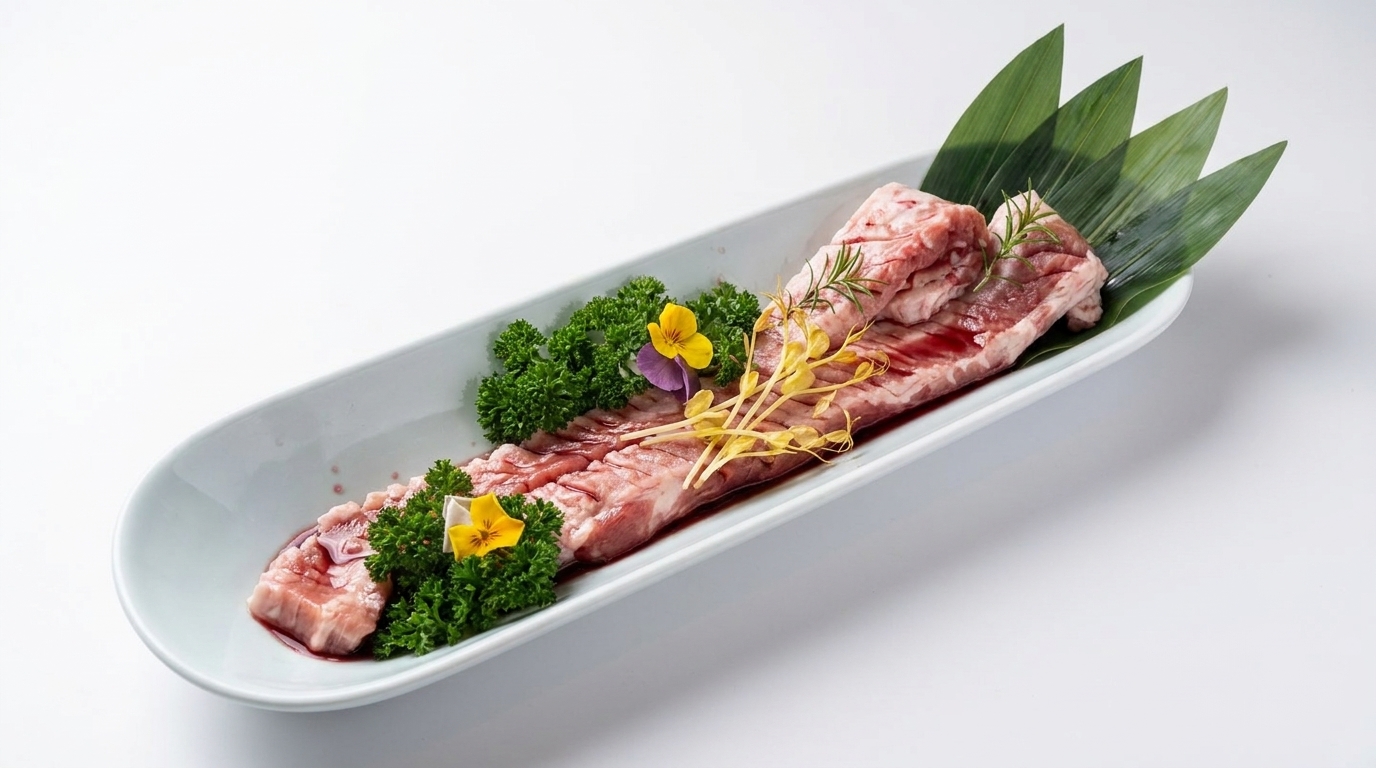 Pancetta di maiale cruda meticolosamente incisa e guarnita, pronta per essere marinata nel vino rosso prima della grigliata.