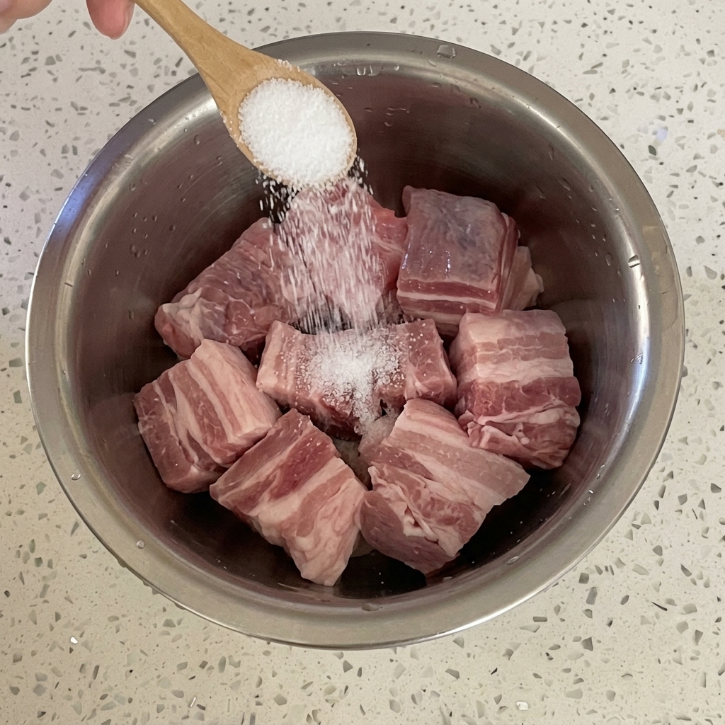 Cucchiaio di legno che cosparge di sale i cubetti di pancetta di maiale in una ciotola di metallo.