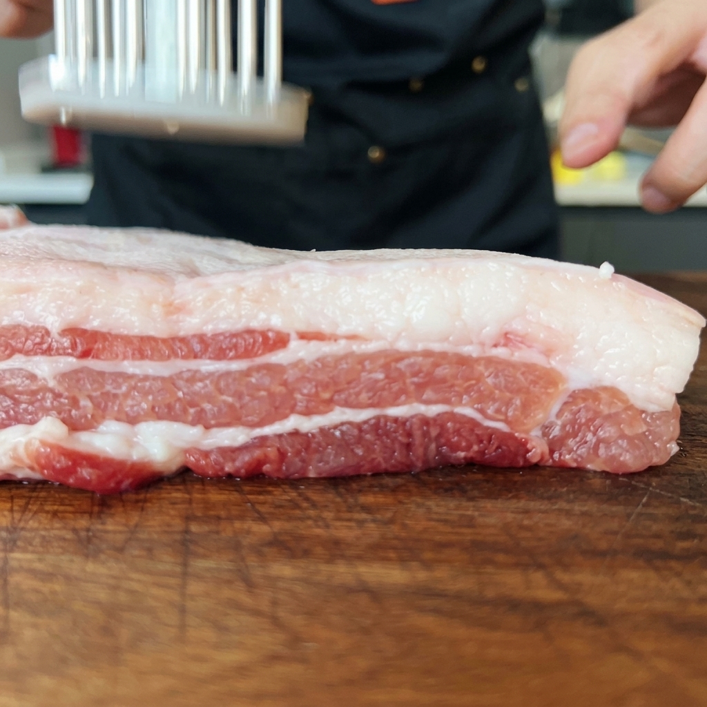 Primo piano della cotenna di pancia di maiale cruda incisa con un batticarne o un coltello.