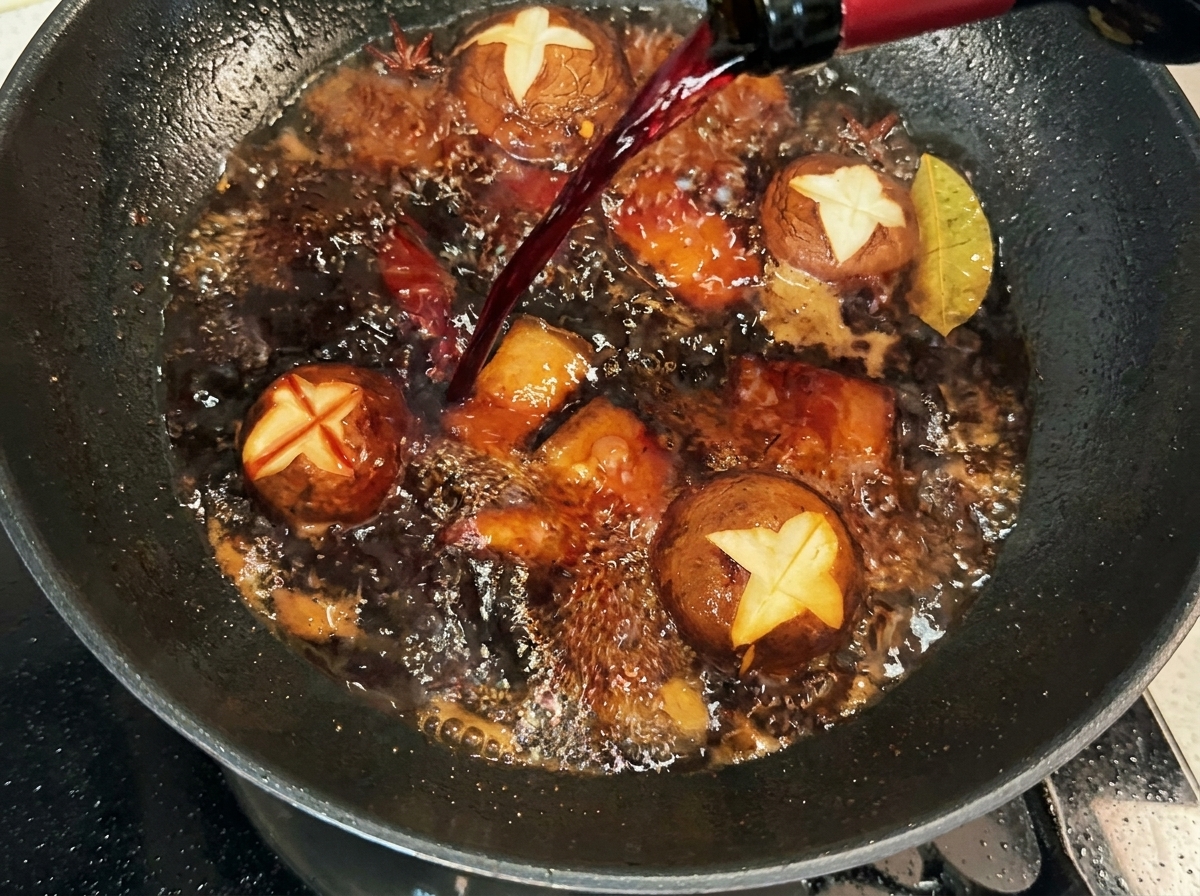 Vino rosso versato in un wok contenente pancia di maiale rosolata e spezie.