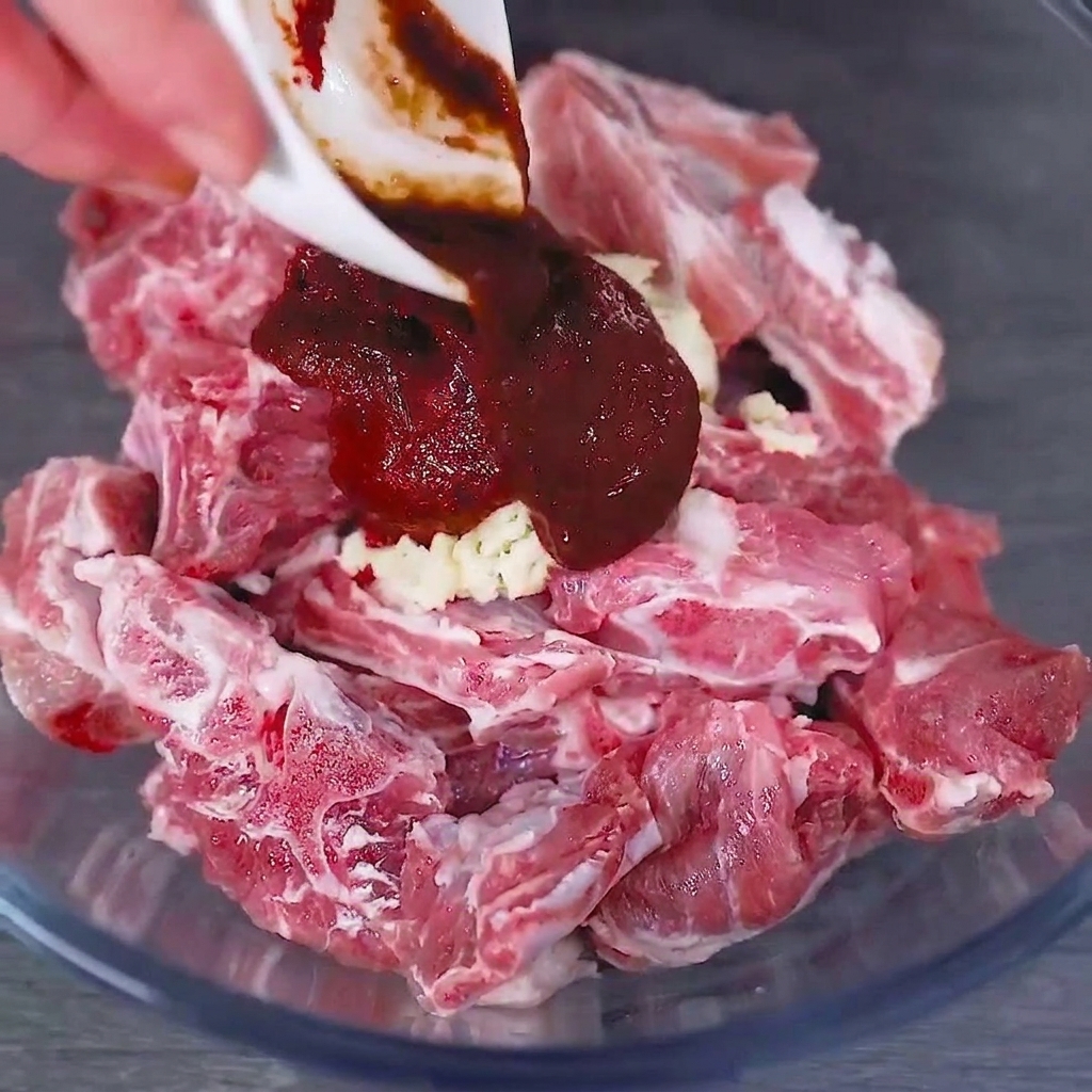 Una ciotola di vetro piena di costine di maiale crude ricoperte da una dose di densa salsa al peperoncino rossa e aglio fresco tritato.