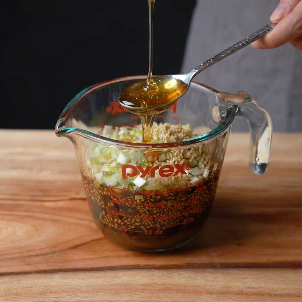 Salsa di soia, cipollotti tritati e aglio in un misurino di vetro pronti per la marinatura.
