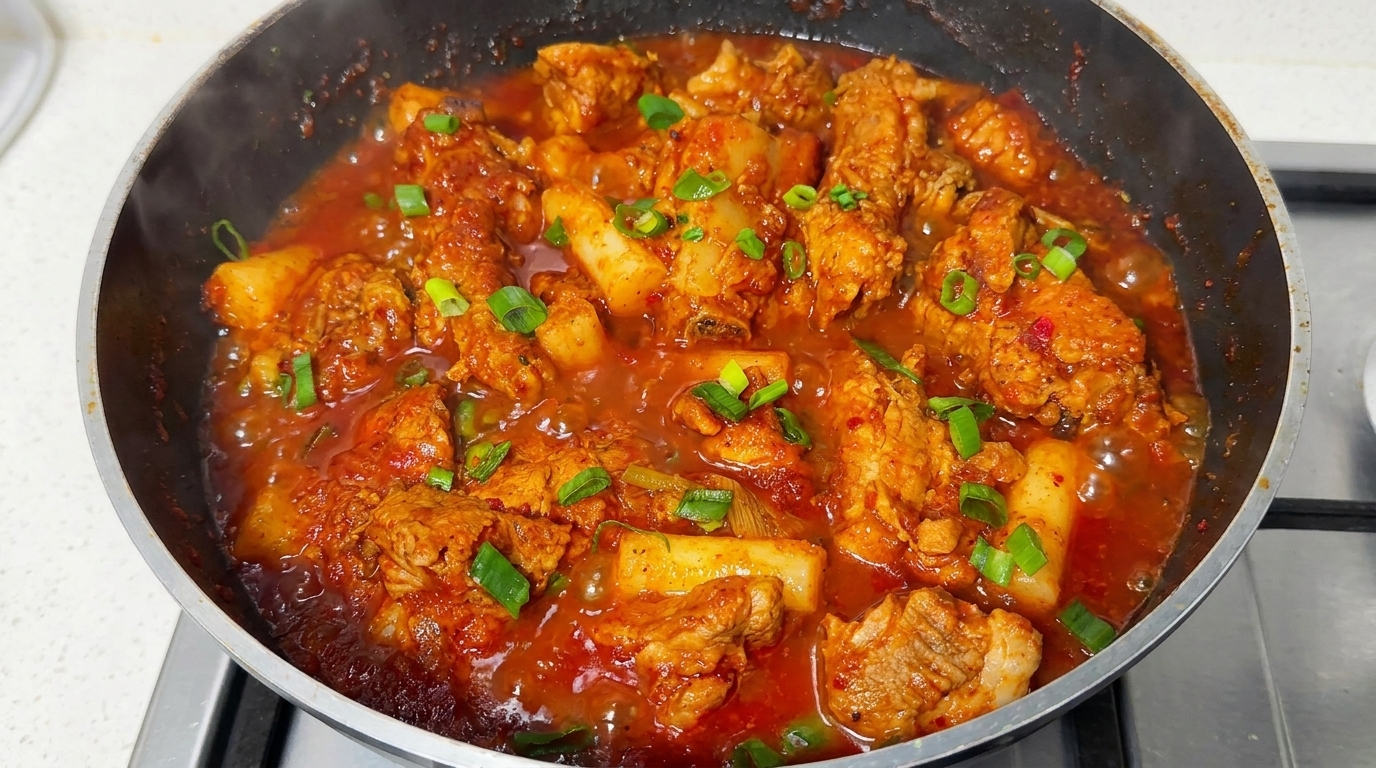Costine di Maiale Piccanti Coreane con Gnocchi di Riso (Maeun Dwaejigalbi-jjim)
