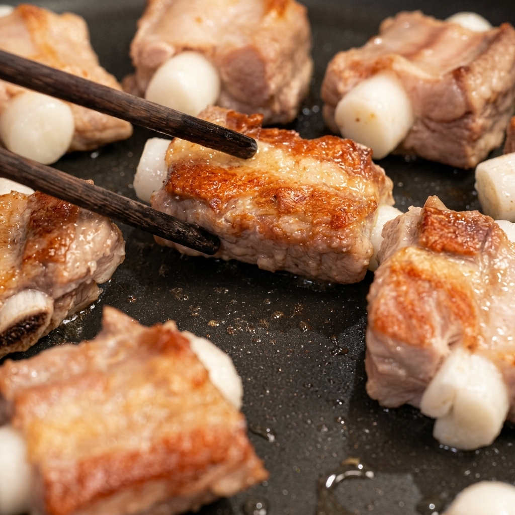 Bacchette che girano un pezzo di costoletta ripiena di gnocco di riso in una padella calda, mostrando una crosta dorata.