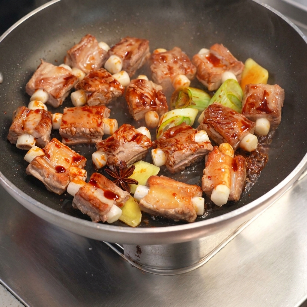 Costolette di maiale ripiene che sobbollono in una salsa scura e ricca in un wok con aromi freschi.