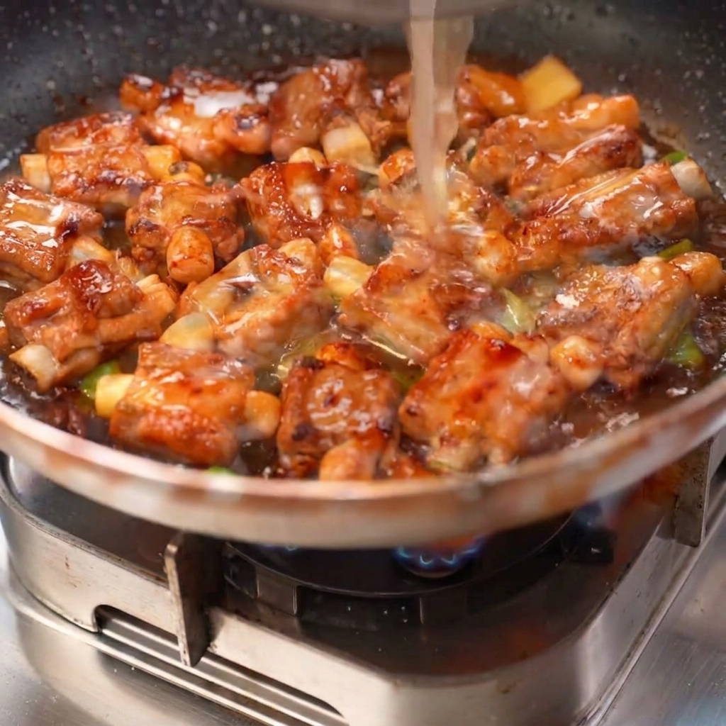 Brodo di costolette versato in una padella sopra le costolette scottate, con aromi e zucchero di roccia che sobbollono nella salsa.