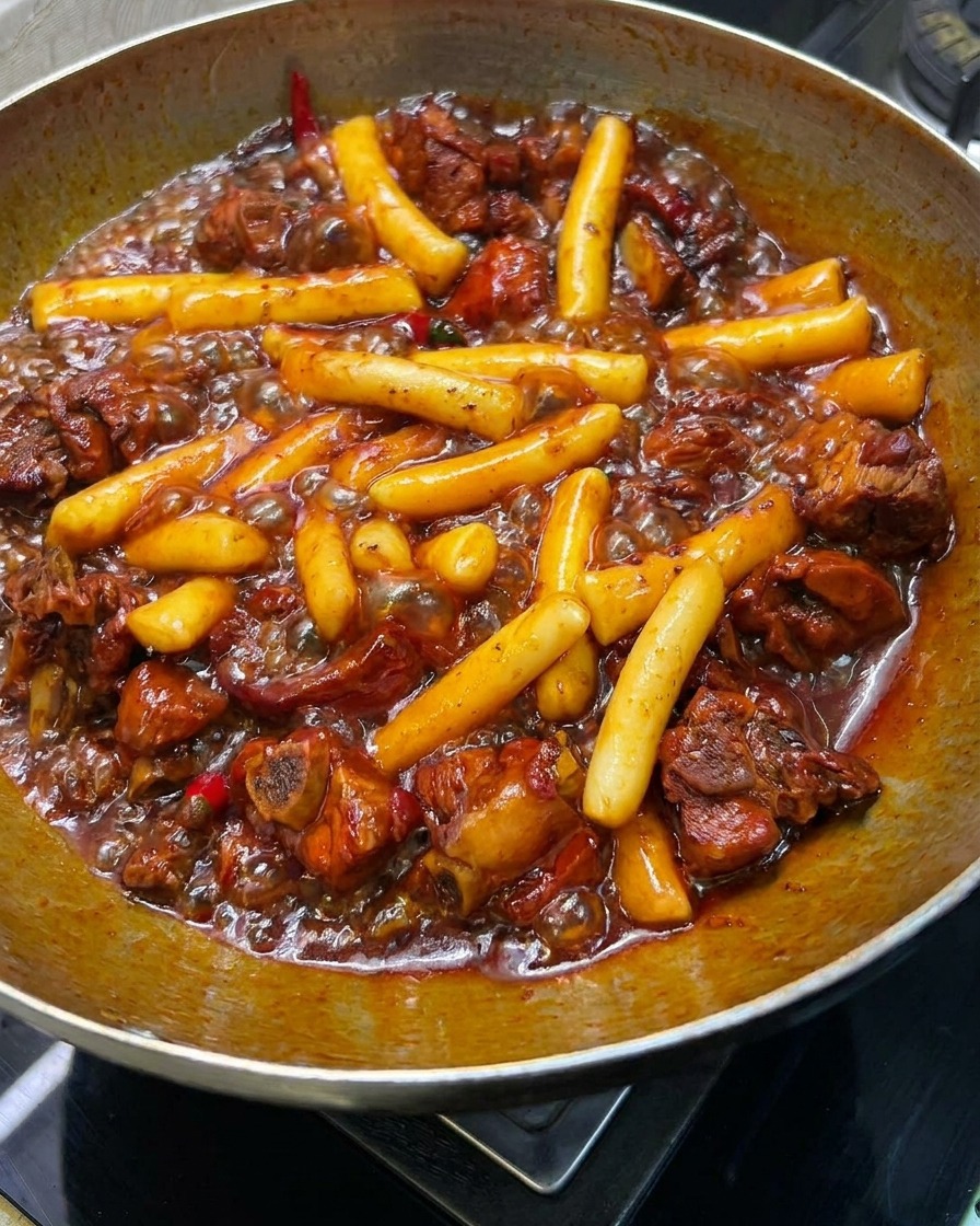 Saltare le costine e gli gnocchi di riso in una salsa densa e lucida nel wok.