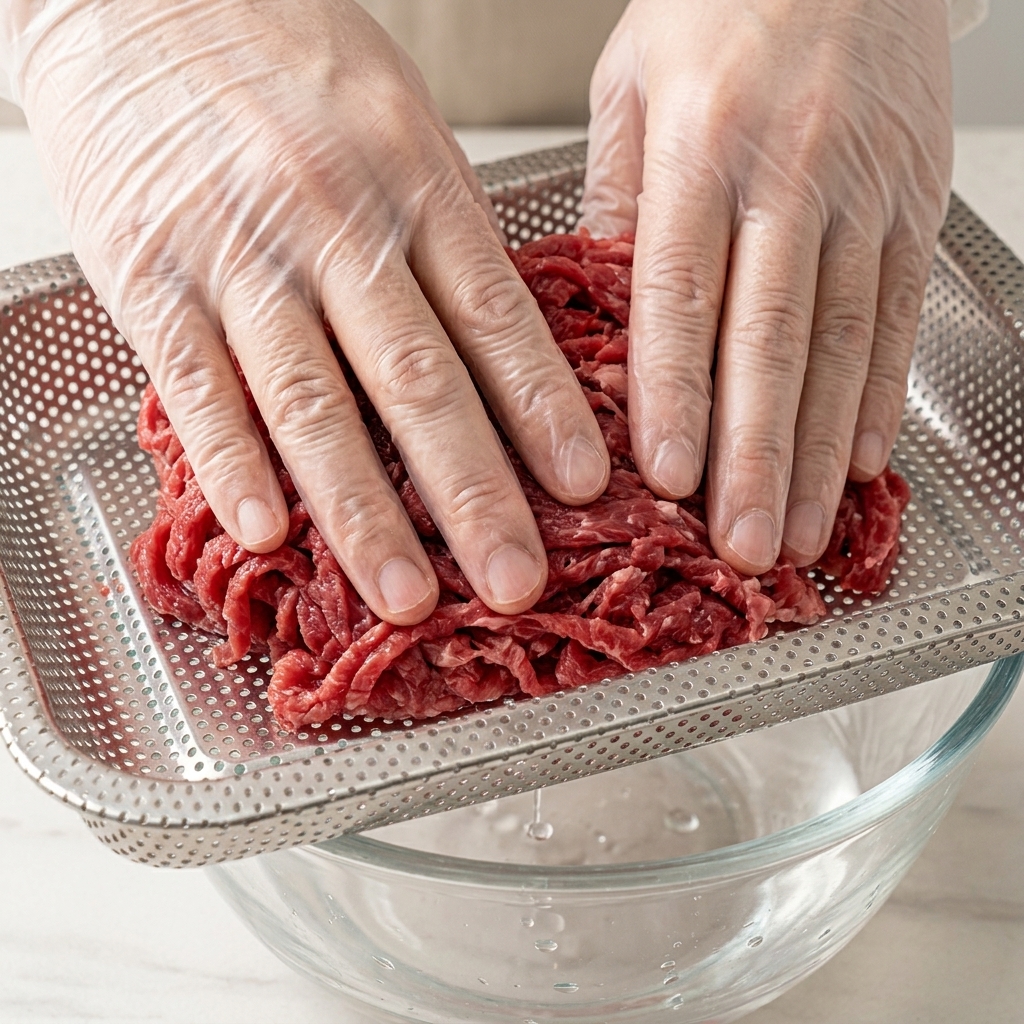 Due mani che premono sul manzo affettato crudo in uno scolapasta di metallo rettangolare per rimuovere lacqua in eccesso.